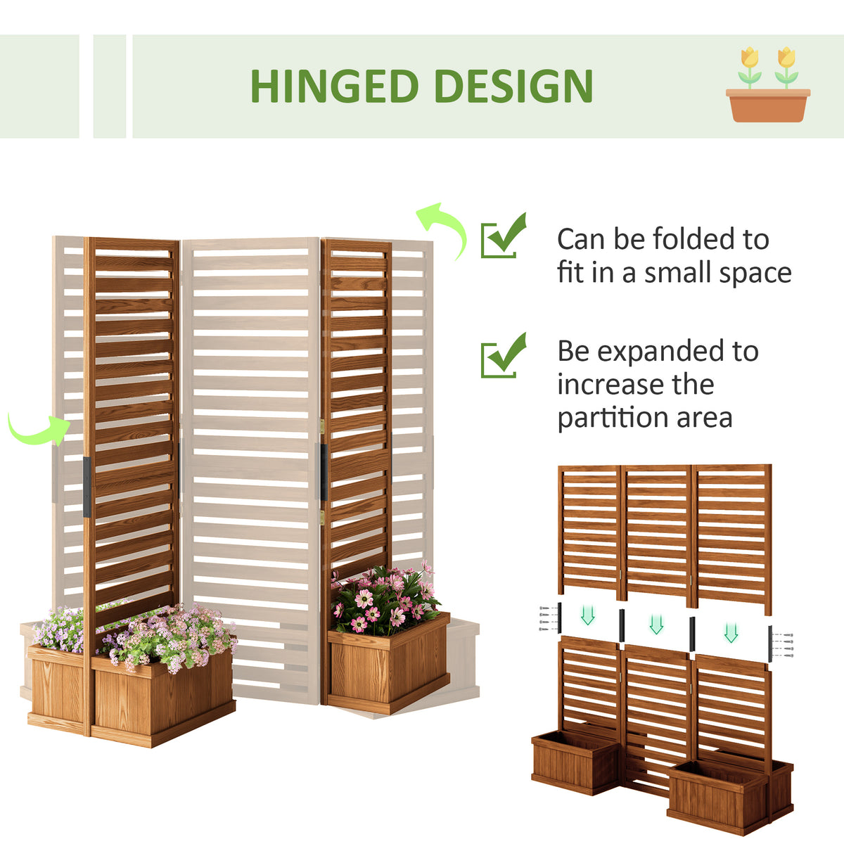 Outdoor Privacy Screen Wood Privacy Panel with 4 Planter Boxes, Raised Bed with 3 Panels, Drainage Holes – view 4