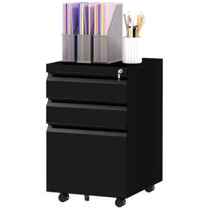 3 Drawer File Cabinet with Lock, Steel Vertical Filing Cabinet with 5 Wheels and Hanging Bar for