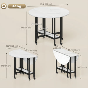 Folding Dining Table, Drop Leaf Table with Open Shelf, Rolling Kitchen Table for Dining Room, Small Spaces, White Marble