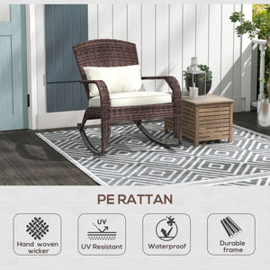 Adirondack Chair, Outdoor Wicker Rocking Chair with High Back, Seat Cushion and Pillow for Porch, Balcony, Cream/Brown