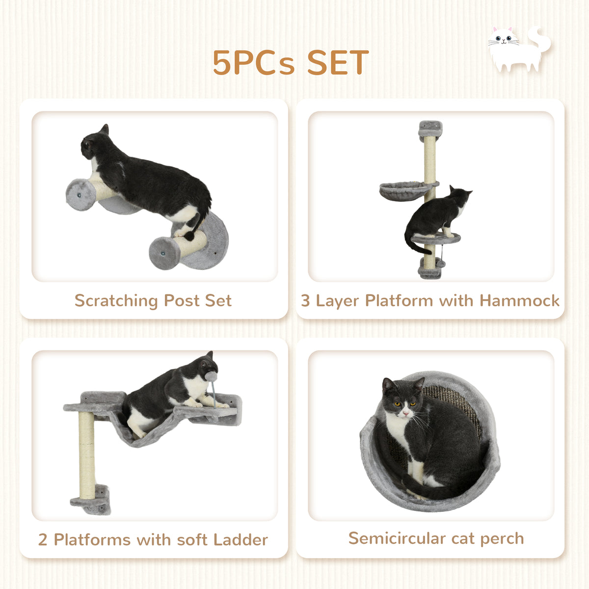 5PCs Cat Wall Shelves with Hammock, Scratching Posts, Perches, Ladder, for Indoor Cats, Light Grey