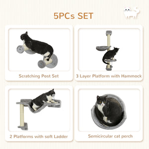 5PCs Cat Wall Shelves with Hammock, Scratching Posts, Perches, Ladder, for Indoor Cats, Light Grey