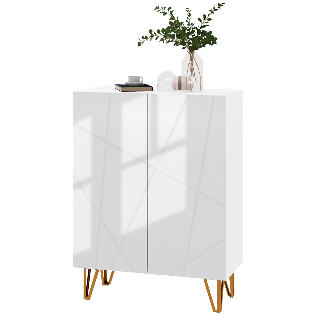 Narrow Shoe Storage Cabinet with Soft-Close Hinges and Adjustable Shelves for 15-20 Pairs of Shoes, High Gloss White