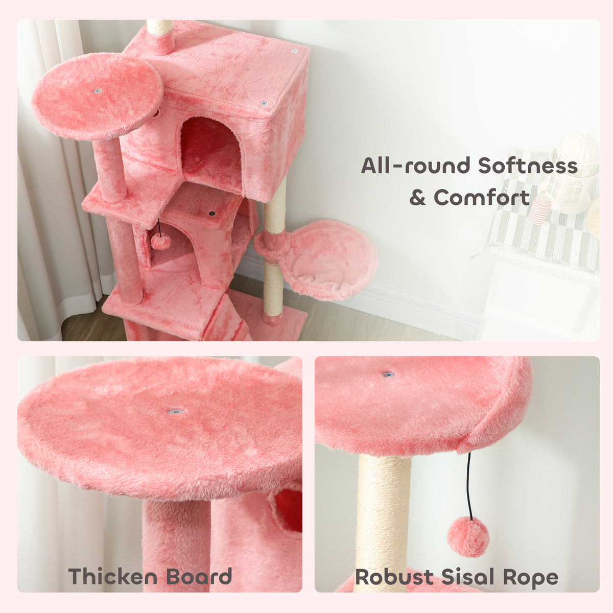 63 Inch Cat Tree with Sisal Scratching Posts, Condos, Plush Perches, Hammock, Ladder, Dangling Balls, Beige – view 34