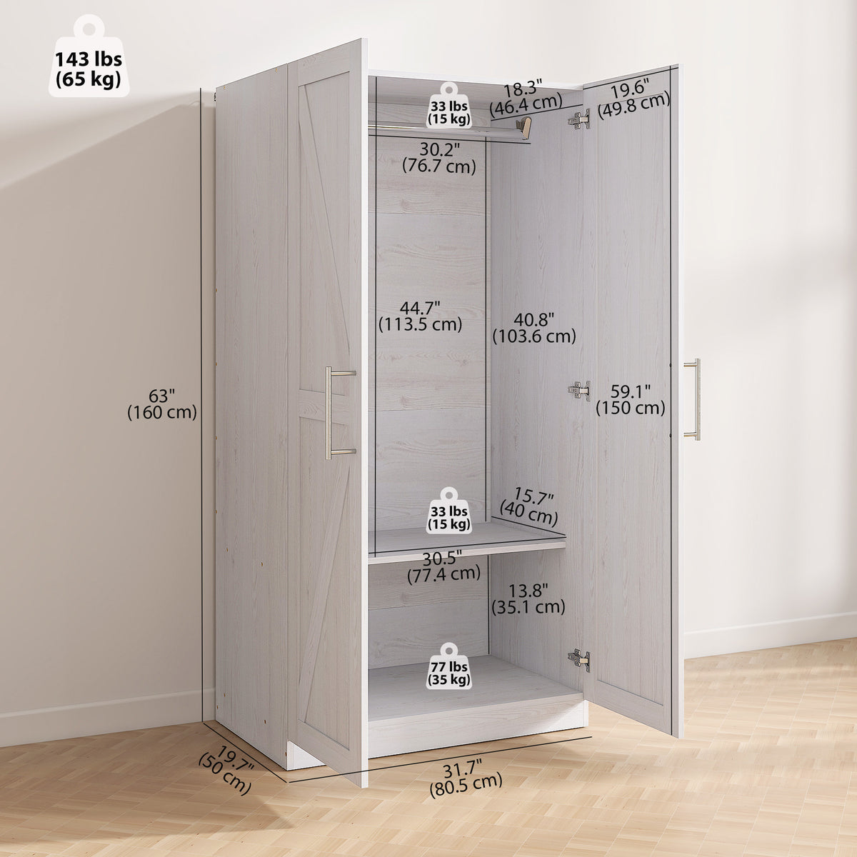 Wardrobe Cabinet with Hanging Rod, Anti-Tipping and 2 Barn Doors, Farmhouse Wardrobe Closet for Bedroom, White Wood Effect
