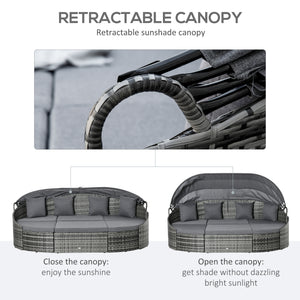 4 Pieces Patio PE Wicker Round Daybed, Outdoor Rattan Garden Lounge Furniture Sets, Grey