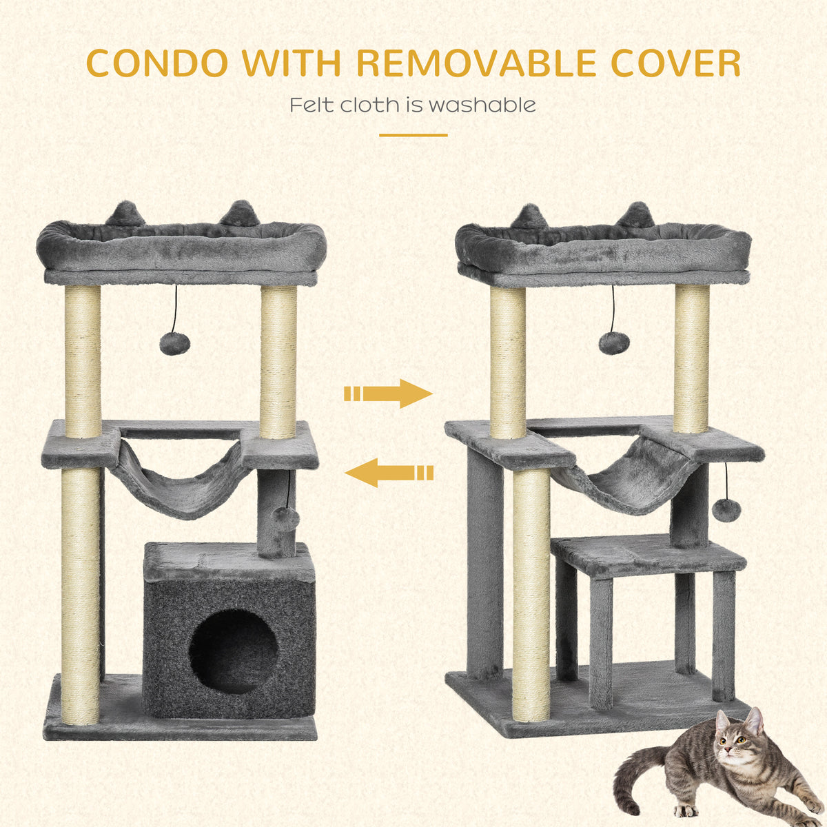 39.25'' Cat Tree Tower Multi-Level Kitten House with Scratching Post Condo Hammock Bed Ball Toy - Grey