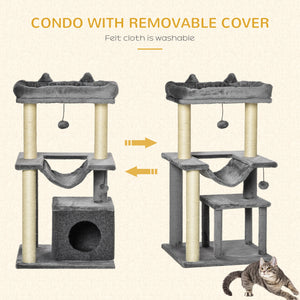 39.25'' Cat Tree Tower Multi-Level Kitten House with Scratching Post Condo Hammock Bed Ball Toy - Grey