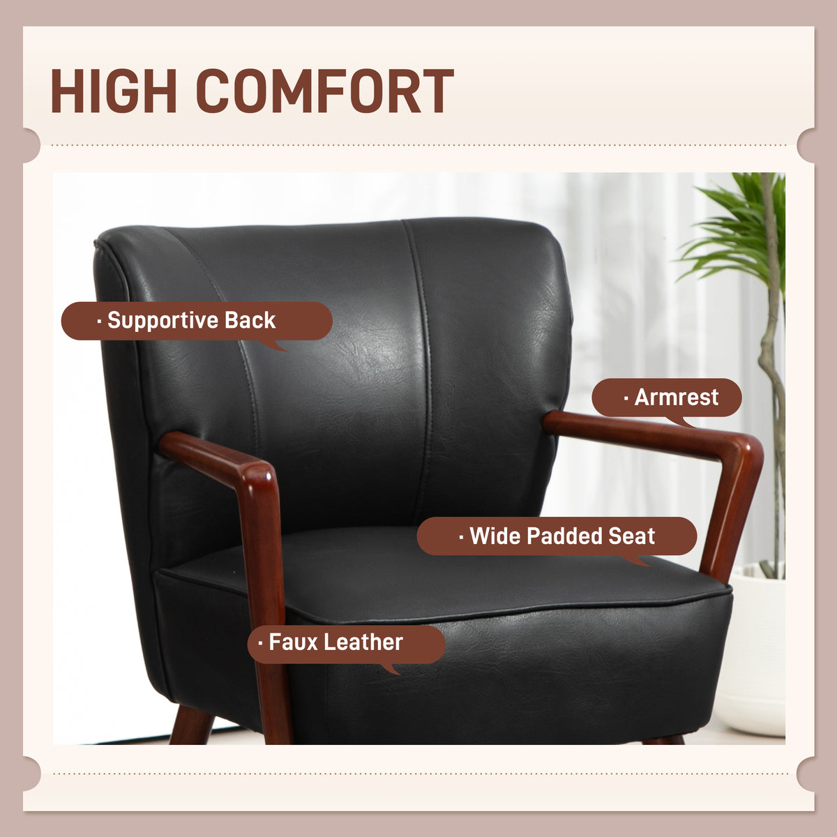 Accent Chair, Modern Armchair, Faux Leather Upholstered Living Room Chair with Wood Legs and Wide Padded – view 3