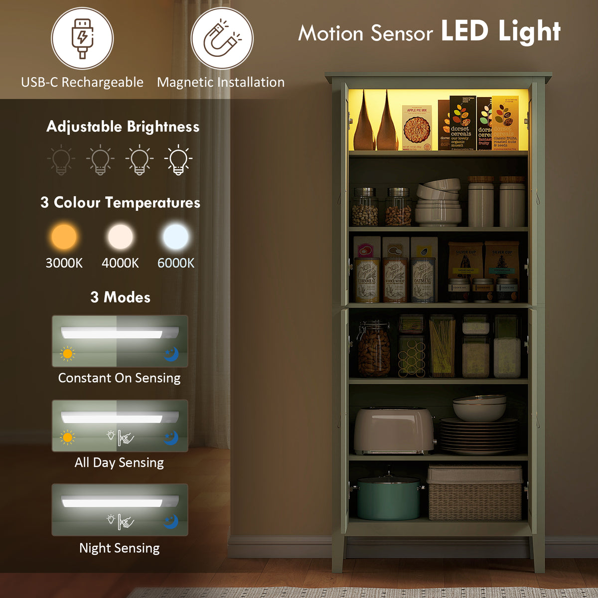 69.5" Tall Kitchen Pantry Storage Cabinet with Motion Sensor LED Light, Modern Kitchen Pantry Cabinet, Green – view 3