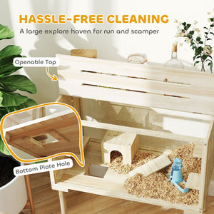 28"L Wooden Hamster Cage with Seesaw, Water Bottle, Food Dish, Hut, Transparent Panel for Easy Observe, Nature Wood