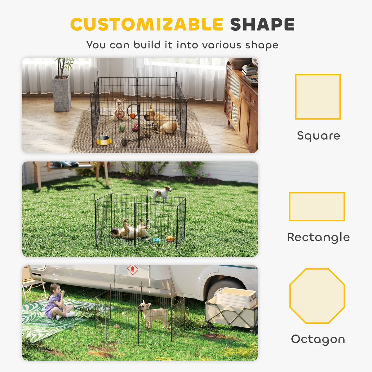 Dog Playpen for Indoor Outdoor use, Heavy Duty Dog Fence with Door, 23.6" High, 8 Panels, Black