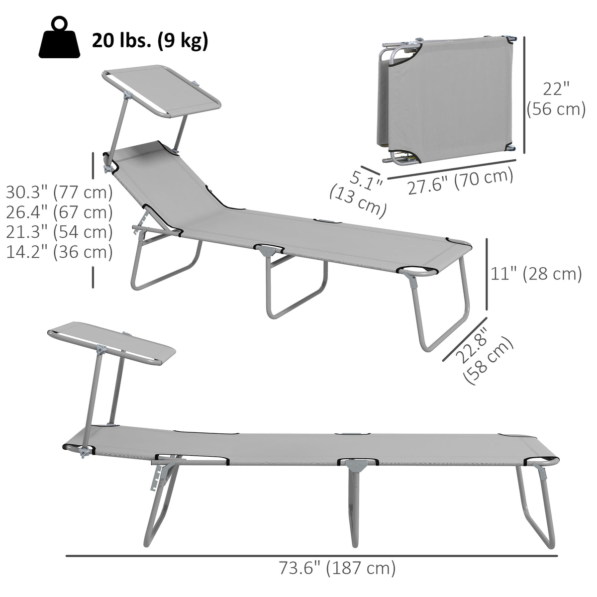 2Pcs Outdoor Lounge Chair, Adjustable Folding Chaise Lounge with Sun Shade for Beach, Camping, Hiking, Light Grey