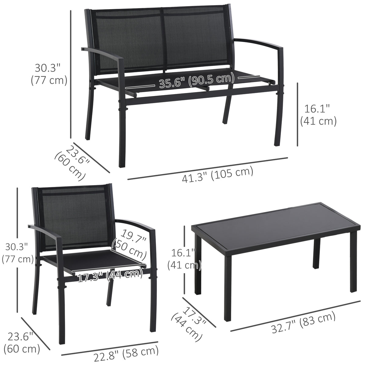 4-Piece Patio Furniture Set with Glass Top Coffee Table, Breathable Mesh Seat & Backrest for Garden, Balcony, Black