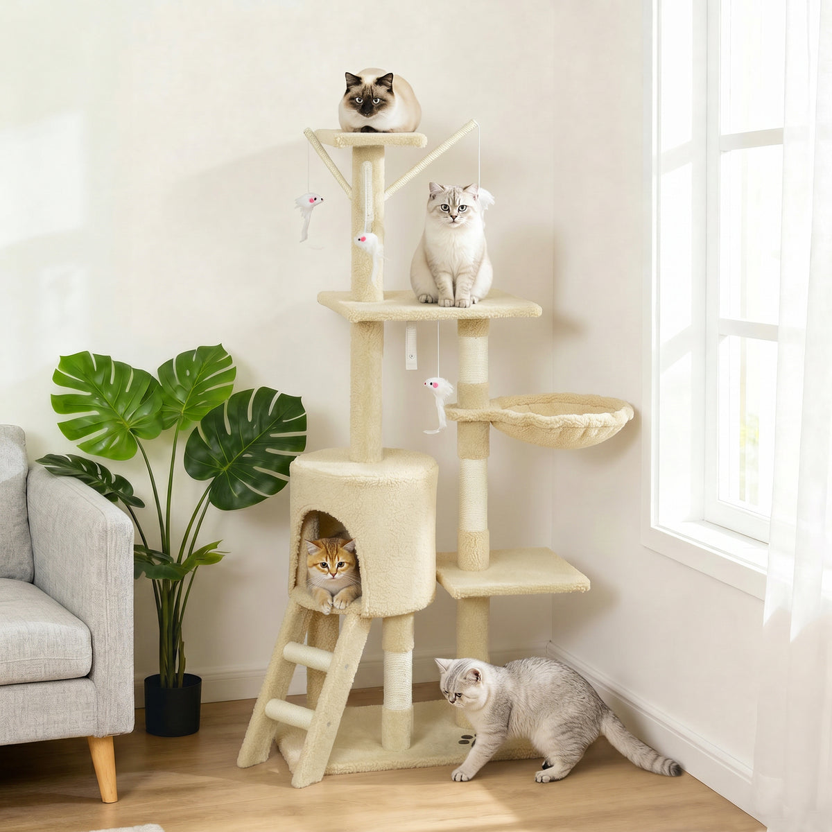 53" Cat Tree Tower, Kitten Activity Centre with Scratching Posts, Condo, Perches, Ladder, Hammock – view 14